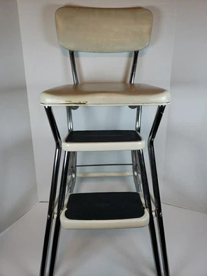 MCM Vintage White Cream Vinyl Cosco Kitchen Step Stool Chair Pull Out Steps - Image 1 of 4