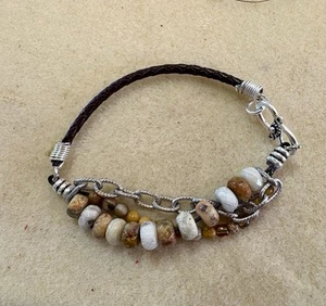 Boho Earthy toned Leather Semi Precious Agate beads leather Bracelet - Picture 1 of 2