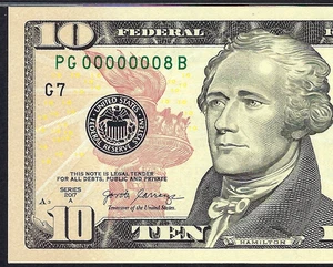 🇺🇸2017A $10 SINGLE DIGIT SERIAL NUMBER ♚00000008♚ PMG GEM UNC 66 EPQ AMAZING! - Picture 1 of 3
