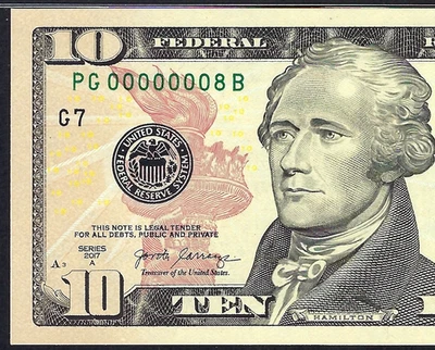 🇺🇸2017A $10 SINGLE DIGIT SERIAL NUMBER ♚00000008♚ PMG GEM UNC 66 EPQ AMAZING! - Image 1 of 3