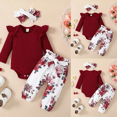 Newborn Baby Girl Floral Ruffle Romper Tops Pants Headband Clothes Outfit Set - Image 1 of 4