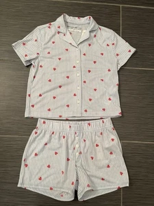 Abercrombie Kids Girl’s Blue White Striped Pajama Set Sz 7/8 Hearts Button Up - Picture 1 of 9