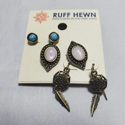 Ruff Hewn Earrings Bronze Pink Pearl Dreamcatcher Leaf 3 Pairs Sets  NWT - Image 1 of 4
