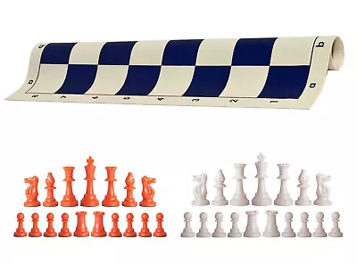 Orange & White Chess Pieces 20" Navy Vinyl Board - Single Weight Chess Set - Image 1 of 4