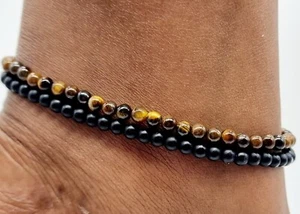 Set of 2 Elastic Natural Tiger eye And Matt Onyx Bead Anklets 25cm - Picture 1 of 1