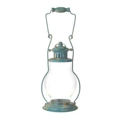 NWT 13" Distressed Blue Farm House LANTERN Metal Glass Folding Wood Metal Handle - Image 1 of 4