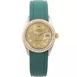 ROLEX DATEJUST 36MM GOLD & STEEL CHAMPAGNE DIAL DIAMOND BEZEL GREEN RUBBER STRAP - Picture 1 of 8