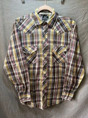 Camisa vintage Western Wear abotonada adulto mediana marrón amarilla manga larga para hombre. Foto 1 de 4