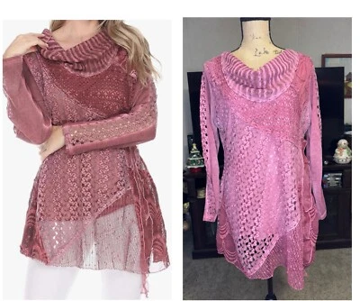 Blusa túnica mujer rosa malva floral encaje capucha asimétrica hada look por capas GRANDE Foto 1 de 4