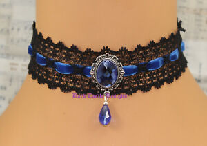 Black Lace Velvet Necklace Choker Glass Jewel Goth Victorian Steampunk medieval 
