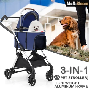 4 Wheels Foldable Pet Stroller 3-in-1 Travel Carrier Car Seat Detachable Basket - Picture 1 of 15