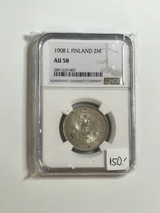 1908 L Finland 2 Markkaa Silver Coin AU 58 NGC Graded - Picture 1 of 2