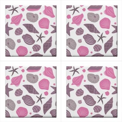 Pink Seashells Ceramic Tile Set Of 4 Decorative Backsplash Tiles Lot  - Image 1 of 3