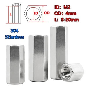 A2 Stainless M2 Sleeve Rod Bar Stud Hex Connector Tube Long Nuts 3mm-20mm Length - Picture 1 of 17