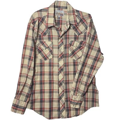 Camisa xadrez vintage Western Pearl Snap bege vermelha desgastada cowboy grunge tamanho grande - Imagem 1 de 4