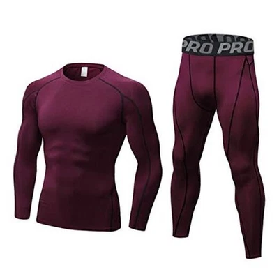  Mens Workout Compression Set Pants and Long Sleeve Shirts Medium Wine Red - Image 1 of 4