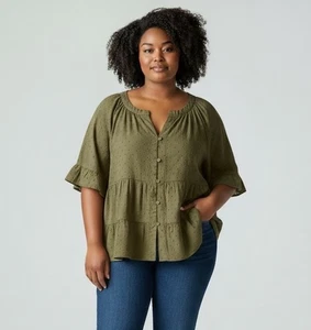 Wunderschöne olivgrüne Bluse mit Tupfen Stufen und Rüschenärmeln XXL Baumwolle - Bild 1 von 5