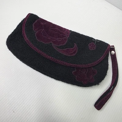Lucky Brand Black Maroon Velvet Applique Floral Embroidered Bag Wristlet - Image 1 of 4