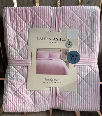 Juego de edredón de algodón tamaño doble Laura Ashley ROSA BLANCO RAYAS OXFORD 3 piezas 68" x 88" Foto 1 de 4