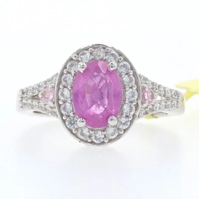 Silver Lead Glass Filled Sapphire & White Zircon Halo Ring - 925 Oval 3.05ctw - Image 1 of 4
