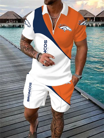 Denver Broncos Mens Tracksuit 2 Piece 3D Print Zip-up T-Shirts Shorts Trunks Set Cover