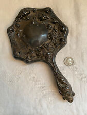 Antique VICTORIAN ART NOUVEAU SILVERPLATE Hand Mirror Roses Boy Playing Lute