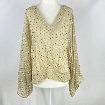 Blusa para mujer Lucky Brand manga campana marfil lentejuelas cuello en V talla L vacaciones Foto 1 de 4