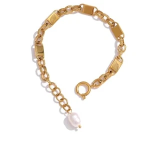 Beaded Natural White Pearls 18k Gold Plated Cuban Chain Charm Bracelet for Women - Picture 1 of 12
