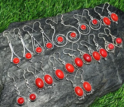 Lote de 10 piezas de joyas de pendientes enchapados en plata 925 con forma de mezcla de piedras preciosas de coral rojo  Foto 1 de 4