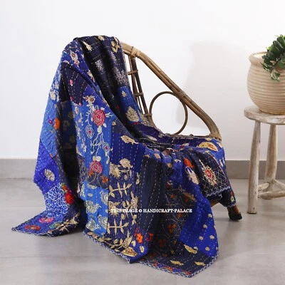 Vintage Flickwerk Kantha Indischer Überwurf Handmade Bezug Baumwoll Decke Blau - Bild 1 von 4