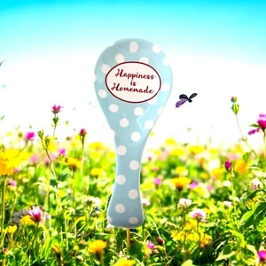 Ceramic Spoon Rest Blue Polka Dot Happiness Is Homemade Kitchen Decor 10" - Picture 1 of 4