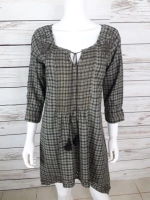 Vestido de taller Johnny Was 3J talla S beige y marrón diseño de ojales a cuadros mangas 3/4  Foto 1 de 4