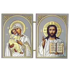 Icon Diptych Virgin of Vladimir and Christ The Teacher - Silver and Gold Foil - Picture 1 of 3