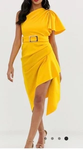 Asos Yellow Midi One Shoulder Dress Size 12 - Picture 1 of 6