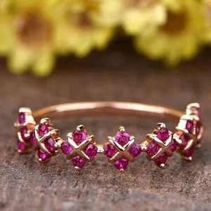 Lab Created Pink Ruby 2Ct Round Cut Eternity Wedding Band Ring Rose Gold Plated - Picture 1 of 6