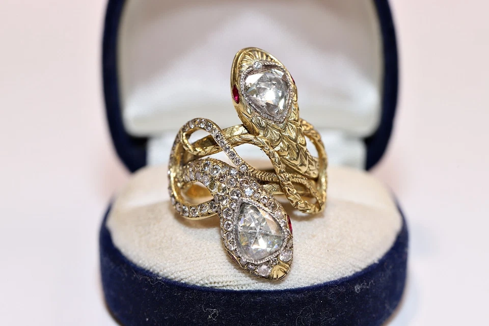 New Handmade 18k Gold Natural Diamond And Ruby Decorated Big Strong Snake Ring - Image 1 of 4