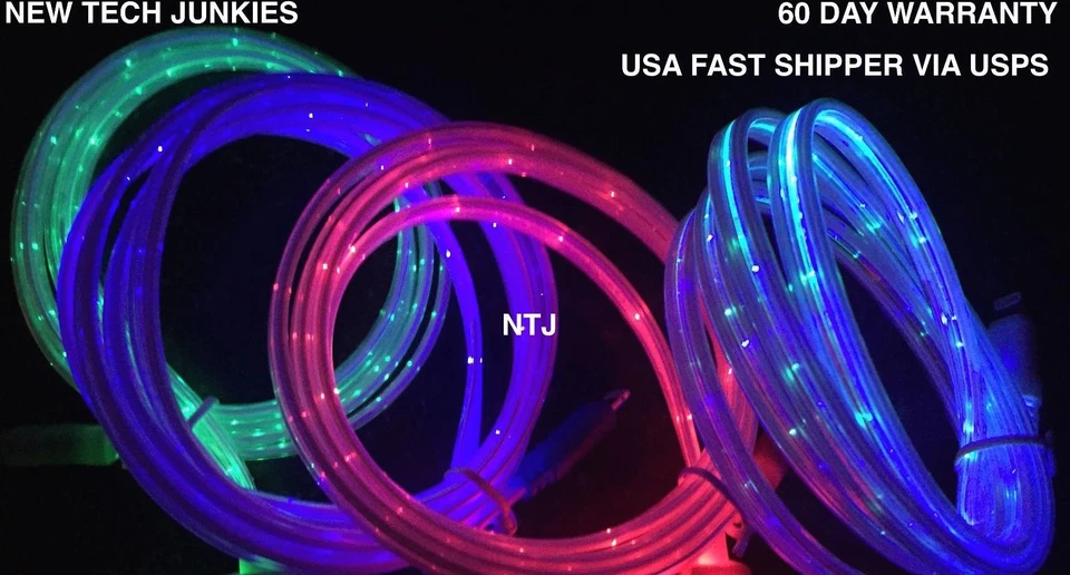 FLAT FLOW MOVING LIGHT LED el charger cable for SAMSUNG GALAXY S7 S6+ MICRO USB - Image 1 of 4