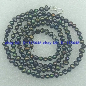 Genuine Natural 4-5mm Black Freshwater Cultured Baroque Pearl Necklace 35" Gift - Picture 1 of 6