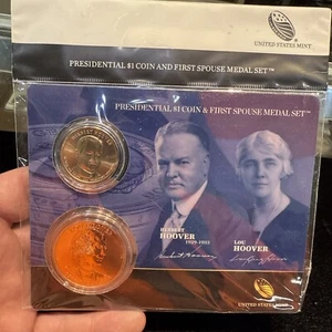 2014 HERBERT HOOVER PRESIDENTIAL $1 COIN & 1st SPOUSE MEDAL-OGP - Picture 1 of 8