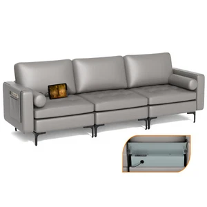 Modular 3-Seat Sofa Couch w/ Side Storage Pocket & Socket USB Ports Grey - Picture 1 of 9