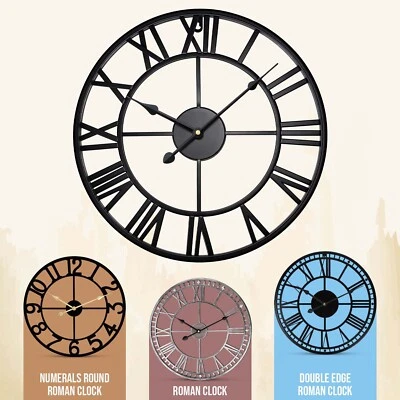 INDOOR ROMAN WALL CLOCK LARGE NUMERALS GIANT OPEN FACE METAL HOME GARDEN CLOCKS - Image 1 of 4