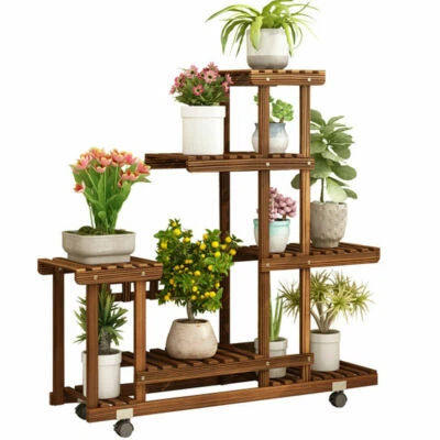 5-Tier Rolling Flower Rack Wood Plant Stand Casters 10 Pots Bonsai Display Shelf Foto 1 de 4