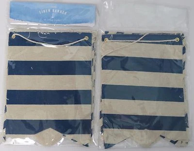 Linen Banner Lot of 2 Beige with Blue Stripes 69" (1.62m) each NEW Foto 1 de 2