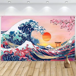 Ocean Wave Tapestry Japanese Kanagawa Backdrop Great Wave Tapestry Cherry Blosso - Picture 1 of 7