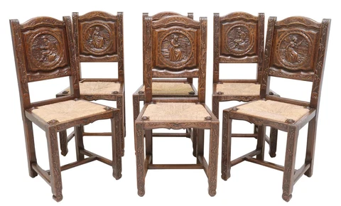 Antique Chairs, Set of 6 French Breton, Carved, Oak, Figural & Floral,  1800s! Cover