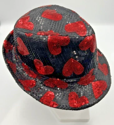 Sequined Black Fedora Hat w/Blinking Lights & Red Love Hearts Pattern (OSFMost) - Image 1 of 4