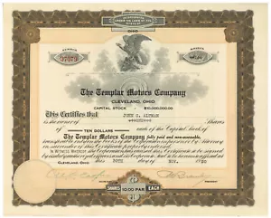 Templar Motors Company. Stock Certificate. Cleveland, Ohio. 1920 - Bild 1 von 1