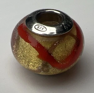Murano Italien 925 Sterling Silber Glas Plättchen Blase Perle Charm Gold Orange Wirbel - Bild 1 von 8