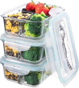 Glass Meal Prep Containers 3 Compartment - Bento Box Lunch Container-Food - Picture 1 of 2