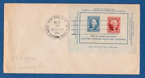 1947 US First Day Cover #948 100th Anniversary Postage Stamps 5c Franklin 10c GW Cover